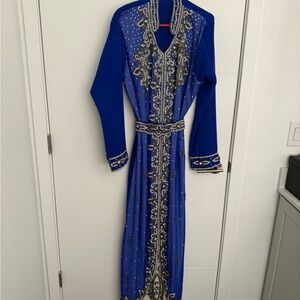 Embellished Royal Blue Evening Kaftan Dress with Beaded Detail